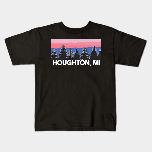 Yooper Life Houghton MI Blush Sunset Pine Tree Sunset T-Shirt T-Shirt Kids T-Shirt by The Yooper Life